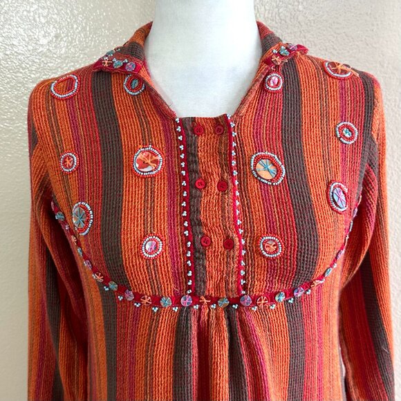 Generation Y2K Orange Woven Hippie Boho Embellished Blouse - Picture 3 of 7